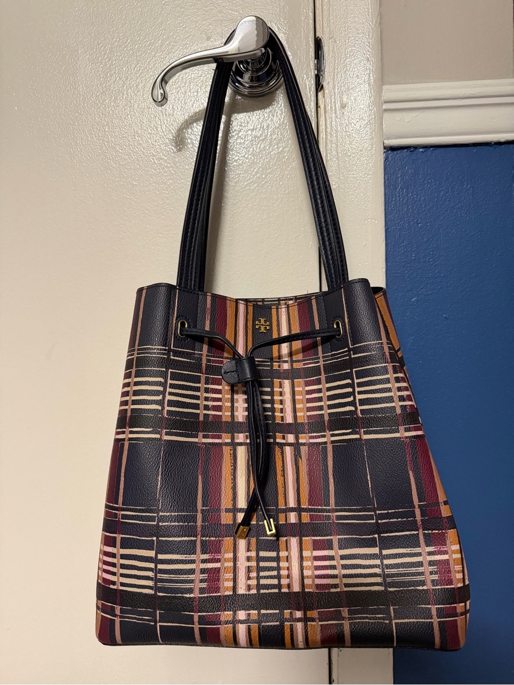Tory Burch Black Multicolor Plaid Drawstring Tote